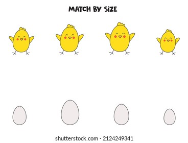 Match Easter chickens and eggs by size. Educational logical game for kids.