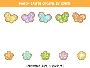 Match Easter cookies by color. Ginger butterflies and flowers. Logical game for kids.