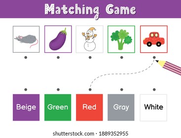 Match elements by color. Educational game for school and preschool. Sorting activity puzzle for kids - purple, green, red, gray, white. Vector illustration