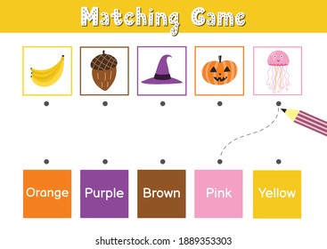 Match elements by color. Educational game for school and preschool. Sorting activity puzzle for kids - orange, purple, brown, pink, yellow. Vector illustration