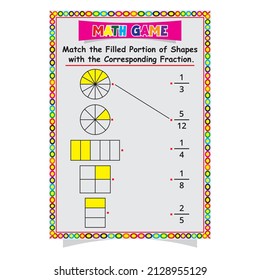 Match the filled portion of the shapes with the corresponding fraction.Math game for pre-school kids worksheet or page vector illustrations template design on A4 page printable version.