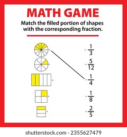 Match the filled portion of the shapes with the corresponding fraction. Math game for pre-school kids worksheet or page vector illustrations template design 