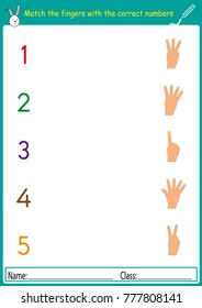 match the fingers with the correct numbers, math worksheet for kids