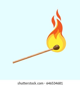 Match with fire. Burning match on blue background. Vector, illustration, flat