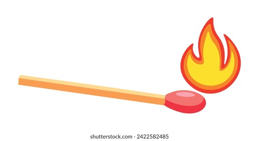 Un fósforo con fuego en un estilo de caricatura. Ilustración vectorial de un hermoso fósforo iluminado por el fuego aislado en fondo blanco. Caliente. Encender un quemador de azulejos de gas con un fósforo.