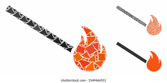 Match fire composition of rugged parts in different sizes and color tints, based on match fire icon. Vector trembly parts are grouped into illustration. Match fire icons collage with dotted pattern.