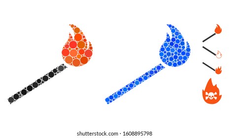 Match fire composition of small circles in different sizes and color tinges, based on match fire icon. Vector random circles are organized into blue composition.