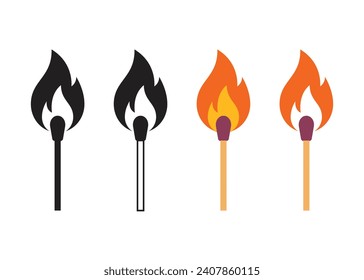 Match with fire icon set, Burning Matchstick collection icon, Fire and flame Vector icon