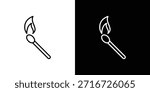 Match fire icons black and white vector, line icon set.