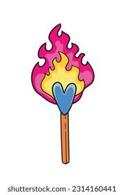 El partido en el fuego del amor. Ilustración vectorial de la correlación en forma de corazón aislada en blanco. Imagen de clip vectorial giratorio para impresión, pegatina, parche, tarjeta de saludo romántico y regalo de fecha.