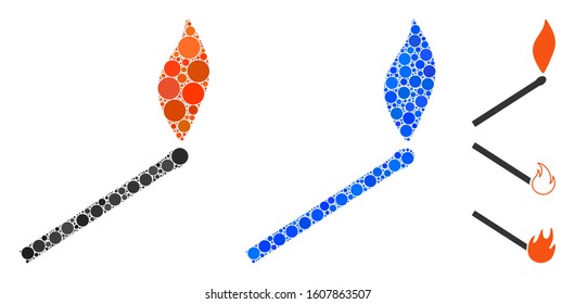 Match fire mosaic of small circles in different sizes and shades, based on match fire icon. Vector filled circles are combined into blue mosaic. Dotted match fire icon in usual and blue versions.