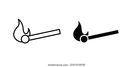 Match fire vector icon set black filled and outlined style.