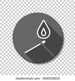 match with flame of fire. simple silhouette. White flat icon with long shadow in circle on transparent background