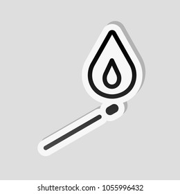 match with flame of fire. simple silhouette. Sticker style with white border and simple shadow on gray background