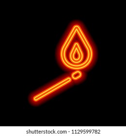 match with flame of fire. simple silhouette. Orange neon style on black background. Light icon