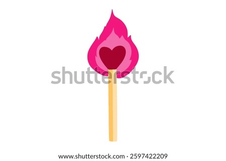 Match with flame in heart shape isolated on white background. Vector illustration for valentine's day card. Doodle cartoon valentine's day element.