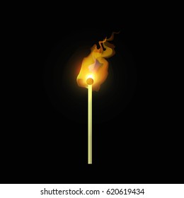Match with a flame on black background. Vector illustration.