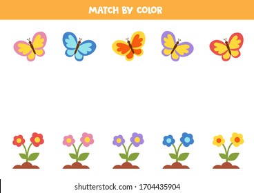 Match flowers and butterflies in soil by color. Logical game for kids.