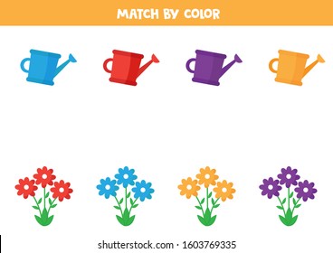 Match flowers and watering cans by color.