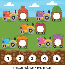 Match game for kids  Counting from 1 to 5  Count the vegetables in the tractor  Children funny education riddle entertainment   amusement   Vector illustration