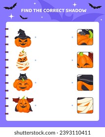 Match game for kids template. Halloween characters. Scary and creepy pumpkins. Educational materials for children. Counting skills development. Poster or banner. Cartoon flat vector illustration