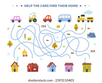 Match game for kids template. Lines from house to cars. Bus, tractor and train. Educational materials for children. Counting skills development. Poster or banner. Cartoon flat vector illustration