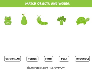 Match green objects with written objects. Educational worksheet for kids.