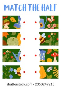 Match the half of autumn leaves, animals, plants and garden tools. Objects parts matching playing activity vector worksheet with mushroom, watering can, bumblebee, garden strawberry and rubber boots
