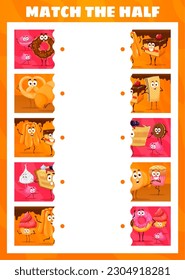 Match the half of cartoon bakery, sweets and dessert characters. Vector game worksheet with funny confectionery personages donut, cake, pretzel and pie. Cupcake, meringue or baba with croissant