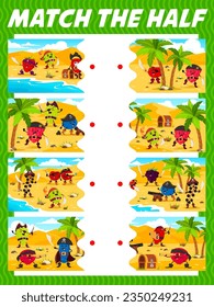 Match the half of cartoon berry pirate and corsair characters. Vector game worksheet with bird cherry, blueberry, gooseberry and grape. Cranberry, raspberry or strawberry buccaneers on treasure island