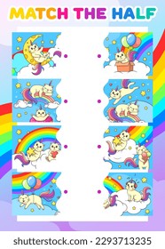 Match the half of cartoon funny caticorn cats on rainbow. Vector matching game worksheet with cute kawaii kitten unicorn, funny fantasy animals. Connect correct pieces riddle for children cognition