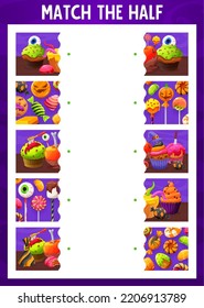Match The Half Of Cartoon Halloween Candies, Sweets And Desserts. Objects Parts Matching Puzzle, Fragment Search Game Vector Worksheet With Halloween Cupcakes, Chocolate Egg And Apple, Lollypop Candy