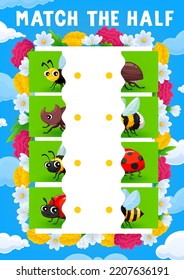 Match the half of cartoon insect characters on summer meadow. Kids game vector worksheet, matching puzzle quiz or education riddle, connect cute bee, ladybug, rhinoceros beetle, bumblebee personages