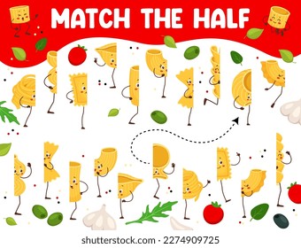 Match the half of cartoon italian pasta characters kids game vector worksheet. Matching puzzle quiz of funny macaroni and noodle food personages. Find correct pair of fusilli, farfalle and ravioli