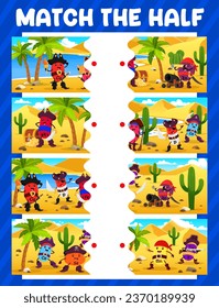 Match the half of cartoon micronutrient or mineral pirate and corsair characters on treasure island. Piece connect quiz worksheet with Cu, Zn, P, and Ca, Se, Mn vitamins pirate cute personages