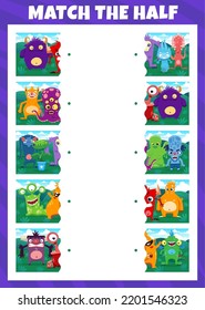 Match the half of cartoon monster characters. Objects parts matching puzzle, kids quiz vector worksheet with alien slug, zombie and funny dragon, angry bull, five eyed octopus funny monster personages