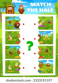 Match the half of cartoon nuts characters on yoga. Vector game worksheet with coconut, peanut, walnut and cashew. Almond, sunflower or pumpkin seeds, pekan, hazelnut and brazil kernels personages