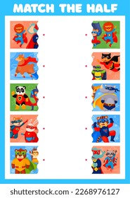 Coincide con la mitad, caricatura de personajes animales de superhéroes niños juego hoja de trabajo. Concurso de rompecabezas vectorial o acertijo a la educación de los niños con gato lindo, perro, oso, mapache, león, elefante, panda