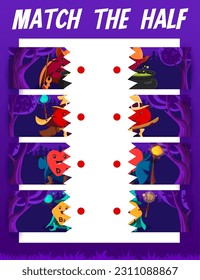 Match the half of cartoon vitamin wizards and sorcerers. Vector board game worksheet with P, B12, D and B2 warlock capsules in night magic forest. Connect separated pieces riddle task for children