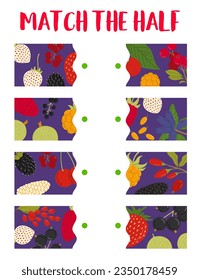 Match the half of forest and garden ripe berries. Vector game worksheet with blackberry, mulberry, strawberry or cloudberry. Black currant, sea buckthorn, cherry and raspberry, honeyberry or cranberry