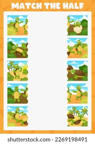 Match the half game worksheet. Cartoon turtle animal characters. Part search children puzzle or vector quiz, educational game worksheet with cute cheerful baby turtle personage on tropical beach