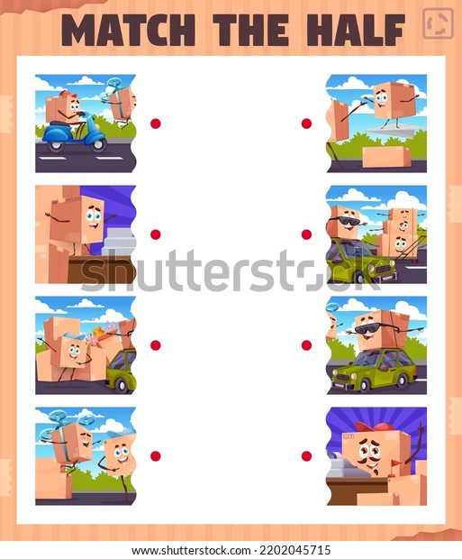 Match the half game worksheet. Cartoon package\
box characters. Part search kids game or children vector riddle,\
matching puzzle worksheet with delivery and shipment service parcel\
box personages