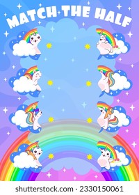 Match the half of magic caticorn cat and kitten characters. Vector game worksheet with cute kawaii cartoon feline unicorn characters on sky with rainbow and clouds. Connect separated pieces riddle