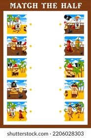 Match the half piece of cartoon mexican food pirate and corsair characters. Part search child quiz, kids riddle vector worksheet with tequila, burrito and jalapeno pepper, taco, churros and nachos