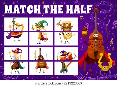 Match half of wizard and fairy musical instrument characters between music waves and sounds, vector game. Kids cartoon puzzle worksheet with wizard violoncello, warlock drum and magic violin sorcerer