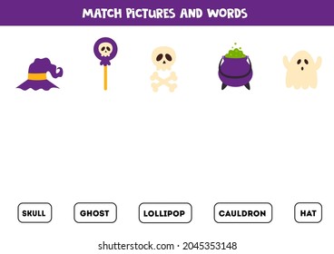 Match Halloween elements and the words. Educational logical game for kids.