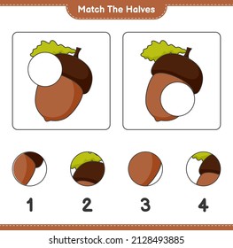 Match the halves. Match halves of Acorn. Educational children game, printable worksheet, vector illustration