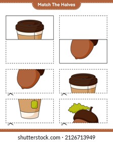 Match the halves. Match halves of Acorn and Tea Cup. Educational children game, printable worksheet, vector illustration