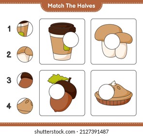 Match the halves. Match halves of Acorn, Tea Cup, Pie, and Mushroom Boletus. Educational children game, printable worksheet, vector illustration