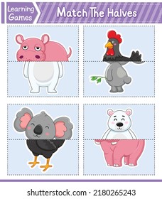 Match The Halves Of Animals. Matching Game For Kids. Education Developing Worksheet. Vector Illustration. Cute Character Cartoon Style. Children Learning Game